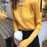 Korean Style Women Knitted Sweater 2023 Autumn Button Long Sleeve Sweaters Woman Turn Down Collar Ribbed Pullover