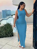 Women's Commuting Pits Long Dress Sleeveless Round Collar High-Waisted Ass