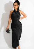 Sexy V-neck Sleeveless Solid Satin Backless Maxi