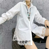 Lace Spliced Blouse Basic Solid Color Women's Clothing Turn-down Collar Spring Autumn Single-breasted Korean Split