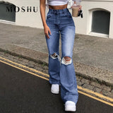 Flared Jeans Women Ripped Holes Jeans Hollow Out High Waist Zipper Pants Ladies Denim Blue Black Trousers Wide Leg