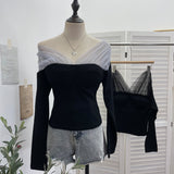 Real Shot Of The Hottie Shoulder Mesh Hot Diamond To Receive The Belt Strap Horn Long Sleeve Top Short T-Shirt