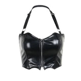 Y2K Halter Bat Aesthetic Summer Women Tops Streetwear Fashion Black Sleeveless Camis Grunge Punk PU Set Tank Top-Outfit