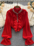 Elegant Shirts Women Design Diamonds Loose Casual Tops Long Sleeve Ruffles Gentle Office Lady Blouses