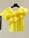 Ruffle Trim T Shirt For Women Irregular Collar Puff Sleeve Solid Loose T Shirts Female Summer Clothing Style