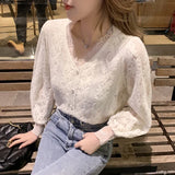 Size 4XL New Lace Blouse Women Korean Hollow Out V Neck Long Sleeve Shirt Ladies Spring Crochet Lace Solid Tops Blusa