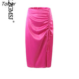 2023 Satin Skirt Women Ruched Split Long Skirts Woman Fashion High Waist Skirt With Slit Spring Elegant Midi