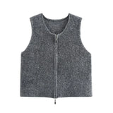 Collar Double Zipper Knitted Vest Vest 2025 Spring Loose Short Sweater Cardigan
