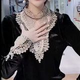 Lace Hollow Out Spliced Blouse Autumn Winter Slim Long Sleeve Basic Women's Clothing Casual Stand Collar Vintage Shirt-Outfit
