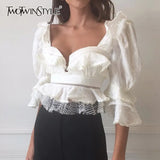 Vintage Patchwork Lace Shirt Female Square Collar Puff Sleeve Hollow Out Ruffles Short Blouse Women Fashion