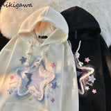 Hoodie Women Star Embroidery Streetwear Casual Oversized Tops Clothes for Teens Harajuku Hooded Fashion Y2k Sweatshirts-Outfit