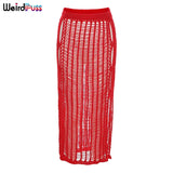Puss Summer Knitting Sexy Long Skirt Women Elastic See-Through Hollow Out Grid Party Streetwear Bottom Solid Color