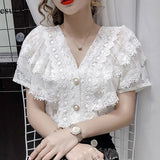 V-neck Hollow Lace Women Tops 2021 New French Sexy Ruffle Stitching Shirt Female Short Sleeve Slim Crochet Blouse
