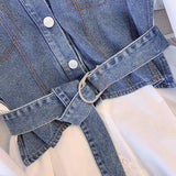 Autumn Casual Denim Patchwork Shirt Women's Clothing Commute Turn-down Collar Stylish Sashes Basic Single-breasted