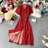 Red elegant sexy Dress women 2022 Summer Autumn V-neck polka dot midi dress waist split dress vestidos de fiesta