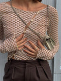 Casual grid Hollow Out Crop Top For Women Long Sleeve Sexy O Neck Pullover Slim Slant Button T Shirts Y2K 2021