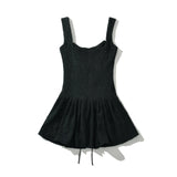 Cross Bandage Lacing Up Bow Corset Style Sling Dress Party Women Slash Collar Low Waist Ruffles Hem Mini Robe Black-Outfit
