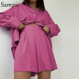 Casual Long Sleeve Shorts Matching Sets Women Tracksuit Loose Shirt Tops And Mini Shorts Two Piece Set Lounge Wear