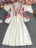 New Spring Autumn Vintage O-neck long sleeve Dress embroidery lace up tassel high waist pleated mid-length A-line