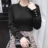 Elegant Puff Sleeve Sweaters Women Autumn Winter Metal Buttons Knitted Pullovers Woman 2023 Solid Color Women's