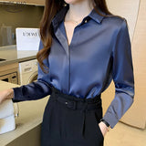 Spring Office Lady Silk Blouse New Satin Shirts Women Chiffon Blouses Turn Down Collar Long Sleeve Tops Casual Loose