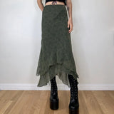 Lady Irregular High Waist Midi Skirts Grunge 2000s aesthetic Ruffles Chiffon Skirt Vitnage Streetwear Green