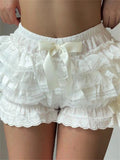 Women y2k Lace Patchwork Shorts Bodycon Ruffles Elastic Waist Shorts Bow Kawaii Harajuku Mini Short Pants Streetwear-Outfit