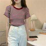 Summer Round Collar Thin Striped Ice Knitted Jersey Short-Sleeved T-Shirt Blouse