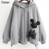 Thick Patch Three-dimensional Doll Hoodies Women Autumn Winter New Korean Long-sleeved Cardigan Hooded Jackets Coat