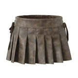 PU Leather Pleated Mini Skirt With Shorts lining Sexy Metal eyelets Cross Bandage Low Waist Short Skater Coffee Black-Outfit