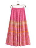 BOHO Orange Flower Print Long Skirt Spliced Ruched Ruffle Hem Hippie Women Ball Tassel Bow Waist Swing Skirts Holiday-Outfit