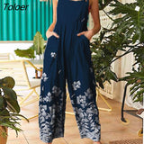 Fashion Leopard Print Jump Suit Shoulder Straps Pockets Wide Leg Ethnic Style Floral Print Ladies Playsuit for
