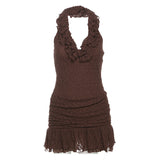 2025 Fashion Trend Women's New Hanging Neck Bare Back Body Solid Color Lotus Leaf Side