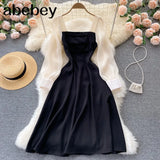 Women Elegant French Dress Long Sleeve Square Collar Solid A-line Dresses 2022 Autumn Fashion Streetwear Midi