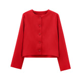 Women's Solid Color Coat 2025 Spring Commuter Leisure Buckle Dress Short Long-Sleeved Round-Neck