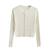 colors Women Cable Twist Knitted Cardigan Round Collar Center Buttons Sweater Full Sleeve Short Jumper Gray-Outfit