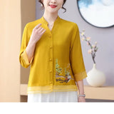 Women's Chiffon Half Sleeve V-Neck Flower Embroidered Pullover T-shirt Button Cardigan Casual Fashion Elegant Spring Summer Tops-Outfit
