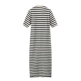 Women's Wear 2023 Summer New Striped Comfortable Button V-Collar Medium-Length Dress-Outfit