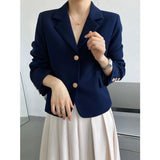 Gold Button Detailed Lapel Button Up Crop Blazer Blue / Khaki Spring Women Short