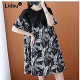 Women's Elegant Office Lady Commuter Dress Round Neck Printed Lace Mesh Stitching Loose Slim Short Sleeve A-line