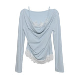 Autumn Fake Two Lace Lace Collar Folding Long Sleeves Slimming Bottom T-Shirt Top Woman