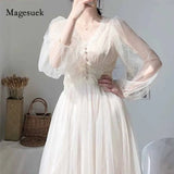 Waist V-Neck 2021 Fashion Spring Puff Sleeve Dresses Lace Mesh A-Line Elegant Button White Dress Women Vestidos 8126