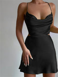 Backless Lace Up Women Solid Satin Mini Dress Cut Out Sexy Party Club Streetwear 2023 Summer Halter Low Cut Vestidos-Outfit