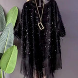 Women's Clothing Irregular Tassel Blouse Chic Sequined Spliced Commute Korean Loose Spring Autumn O-Neck Casual 3/4 Sleeve