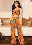 Printed Strap Crop Top and High Waist Wide Pants Two Piece