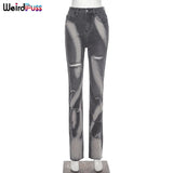 Puss Cotton Hole Jeans Trend Y2K Woman Pants Chic Print Stacked Indie Denim Skinny Elastic Slim Casual Streetwear
