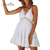 Bohemian Halter Mini Sundress Sweet Girl White Lace Dress Women Backless Sleeveless Beach Dress Mujer Vestidos