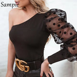 White Black Patchwork Mesh Blouse Women Polka Dot Puff Sleeve Top One Shoulder Sexy Clothing Female Blusa Shirt