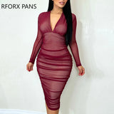 Women Deep V Neck Mesh Patch Folds Long Sleeves Bodycon Formal Party Sexy Midi Dress-Outfit