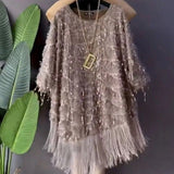 Women's Clothing Irregular Tassel Blouse Chic Sequined Spliced Commute Korean Loose Spring Autumn O-Neck Casual 3/4 Sleeve